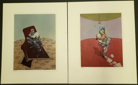 *LITHOGRAPHS AFTER FRANCIS BACON: After Francis Bacon (1909-1992 Irish) 2 unframed and matted offset lithographs, 1 with French text on verso, margins of each sheet numbered 48/150, approximate total paper size 14 3/4" x 10 3/4".