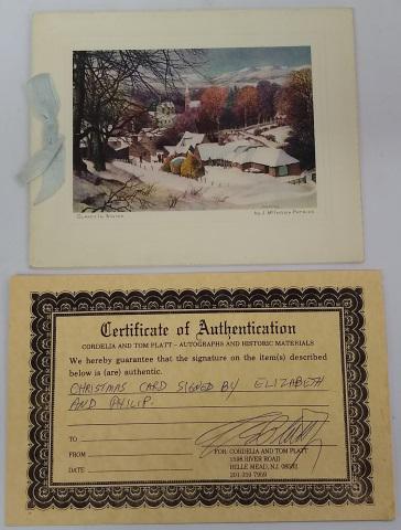 *ENGLISH ROYALS AUTOGRAPHS: Elizabeth II and Prince Philip, AUTOGRAPHS: Both signatures on the Royal Christmas Card (7 ?"x6 ¬", closed). Front of card includes color print of "Glamis In Winter" by J. McIntosh Patrick and blue r