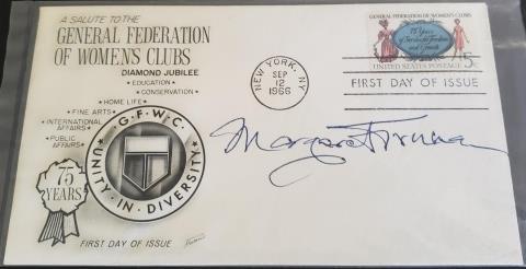 *MARGARET TRUMAN AUTOGRAPH: Signed on First Day of Issue envelope (6 3/8"x3 5/8") for the General Federation of Women's Clubs Diamond Jubilee. Signature, Margaret Truman, Mary Margaret Truman Daniel, also known as Margaret Truma