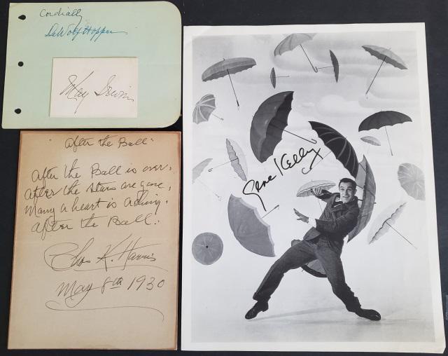 *4 MUSIC-RELATED AUTOGRAPHS: Charles K. Harris, DeWolf Hopper, May Irwin, and Gene Kelly. Harris, Signed on paper adhered to heavy cardboard backing, 5¬"x7". Inscription, "After the Ball" After the Ball is over, After the stars 