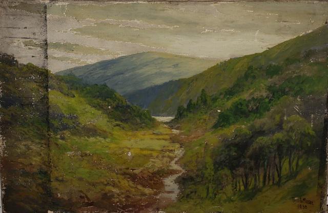 *THOMAS G. MOSES ORIGINAL OIL PAINTING: Thomas G. Moses (1856-1934 American), landscape, unframed oil on canvas, signed and dated 1930 lower right, approximately 20" x 30".
