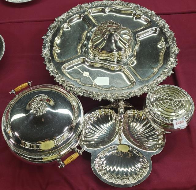 *GROUP OF SILVERPLATE: Lazy Susan, shell form bonbon, covered casserole, etc.