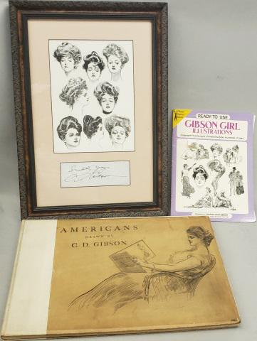 *CD GIBSON AUTOGRAPH: AUTOGRAPH: Professionally matted and framed, b/w Gibson Girl illustrations, 7«"x10"; autograph measures 6«"x2«"; overall piece measures 13?"x19?". Inscription, Sincerely Yours, CD Gibson, BOOK Amer