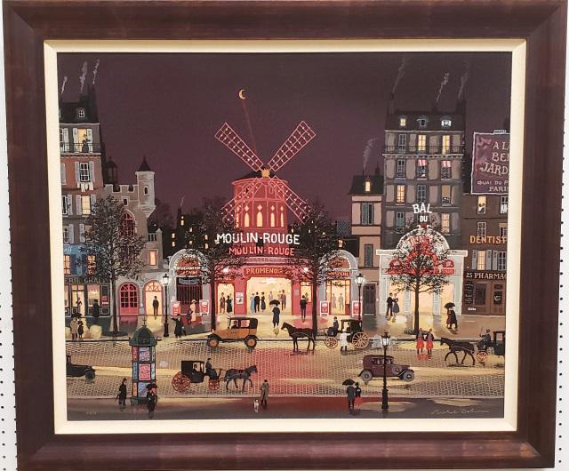 *MICHEL DELACROIX FRAMED GICLEE: "Le Moulin Rouge Sous La Pluie", framed serigraph on canvas, signed lower right, numbered XIII/CL lower left, approximate canvas size 28 3/4" x 34 1/2", frame 35 1/2" x 41 1/4".