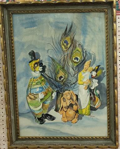 RUTH VAN SICKLE FORD WATERCOLOR: Still life with figures and peacock feathers, framed watercolor, signed lower right, approximate sight 29 1/2" x 21 38", frame 34 1/2" x 26 1/2".