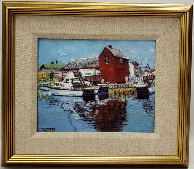 *MOLLY FISCHEL ORIGINAL ENAMEL WORK: Molly Fischel, dock scene, framed enamel on copper, signed lower left, approximately 7 1/2" x 9 1/2", with frame 13 1/2" x 15 1/2".