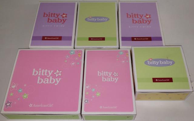 *6 AMERICAN GIRL BITTY BABY OUTFITS: Outfits and accessories with original boxes.