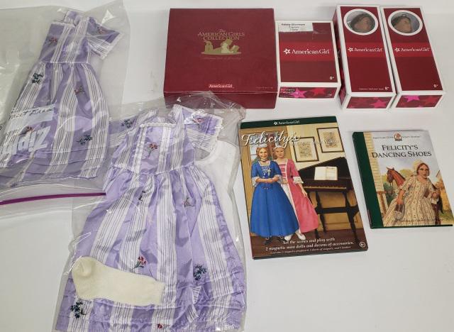 *GROUP OF AMERICAN GIRL ITEMS: 2 Mini Felicity dolls in original boxes, outfits, silverware, etc.