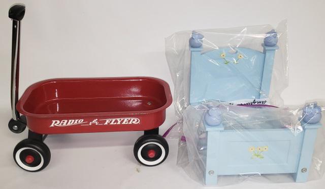*AMERICAN GIRL ITEMS: Angelina Ballerina blue bed, without bedding, and Radio Flyer wagon.