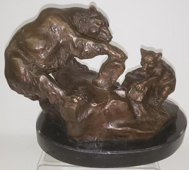 *AFTER C.M. RUSSELL: Bear with cub, bronze sculpture with attached marble base, signed C.M. Russell, approximate height 9", width 11 3/4", depth 6 1/2".