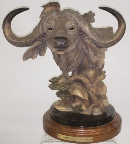 *MILL CREEK STUDIOS SCULPTURE: "Horn of Africa", water buffalo with bird on horn, marked on "Mill Street Studios Inc. Originals, Copyright 2000", signed Herrero (Stephen), titled, and numbered 392/2500 on base, approximate height w