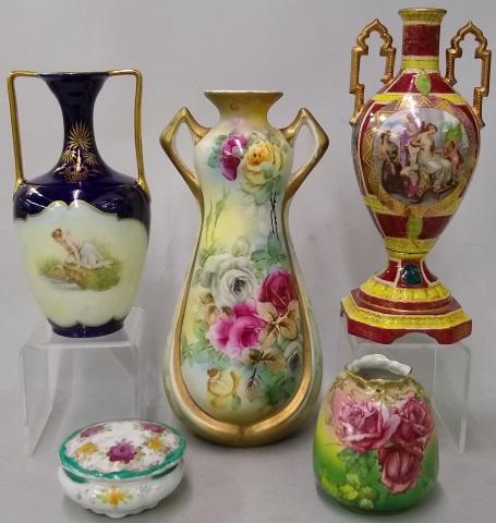 5 PIECES OF PORCELAIN: Dresser box, Royal Bayreuth vase, Austrian vase decorated with classical beauties with attendant, Royal Nippon vase, and cobalt and gilt vase.