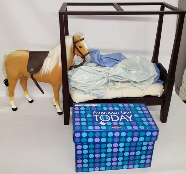 *AMERICAN GIRL DOLL ITEMS: American Girl doll horse, American Girl Today art and music supplies with original box, American Girl Elizabeth doll canopy/4-poster bed.