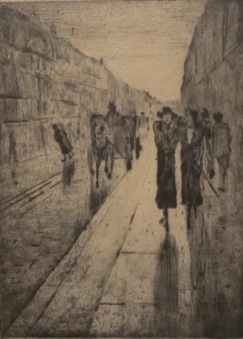 *URY LESSER ORIGINAL ETCHING: Ury Lesser (1862-1931 German), impressionist street scene, framed etching, titled indistinctly lower right, signed lower left, approximately 8" x 5 1/2", with frame 14" x 11".