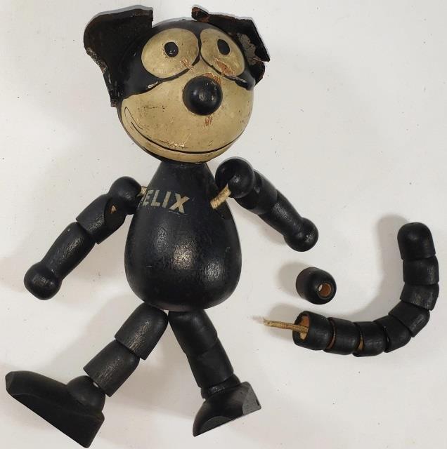 *WOOD FELIX THE CAT: Marked on foot "Felix Copyright 1922, 1924 by Pat Sullivan", approximate height 8", ca. 1920s.