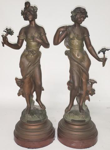 *PAIR OF SPELTER SCULPTURES: "Pervenche" and "Heliotrope", after J. Causse, raised on marble bases, tallest approximately 17 5/8".