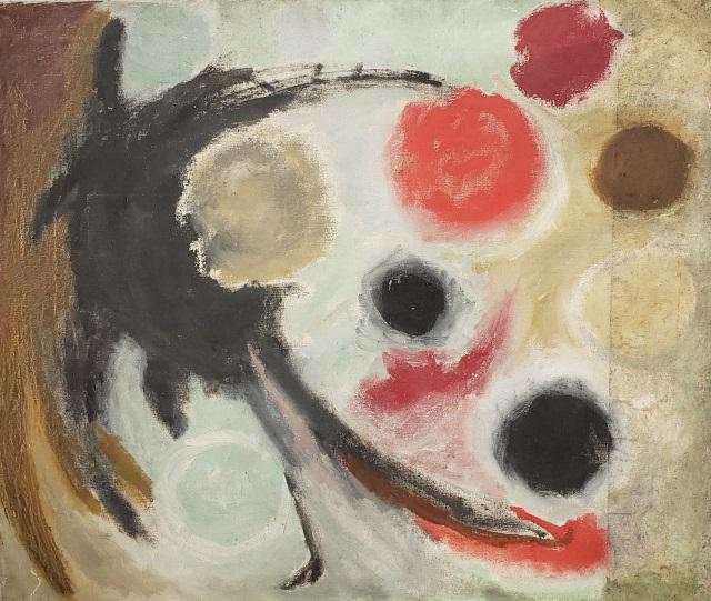 *ELIZABETH EDDY ORIGINAL OIL PAINTING: Elizabeth Eddy (Mid-20th C. American), abstract, unframed oil on canvas, signed upper left, has artist label on verso, approximately 30" x 36".