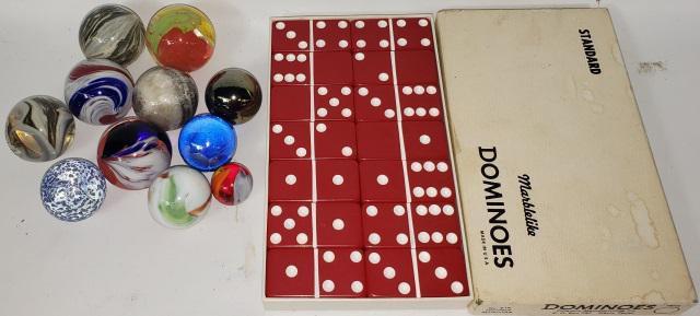 *GROUP OF MARBLES: Along with a set of dominoes, largest marble diameter 1 3/4".