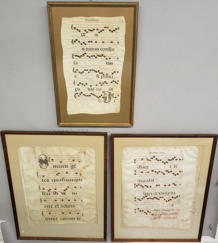 *3 FRAMED ANTIPHONARIES: All appear to be 2-sided, largest frame approximately 33 1/4" x 25 1/4".