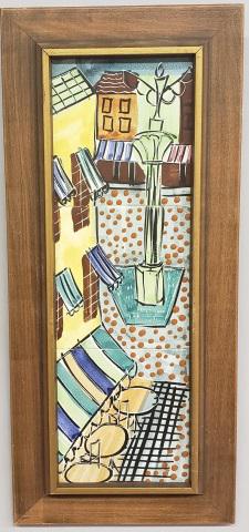 VINTAGE HARRIS STRONG PAINTED TILE PICTURE: In 3 segments, total size approximately 18" x 5 3/4", with frame 22" x 9 1/2".