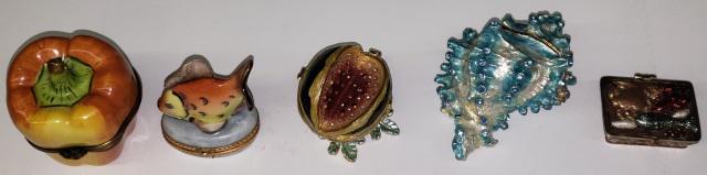 5 TRINKET BOXES: Box by Monet, watermelon, Limoges pumpkin, fish, and shell.
