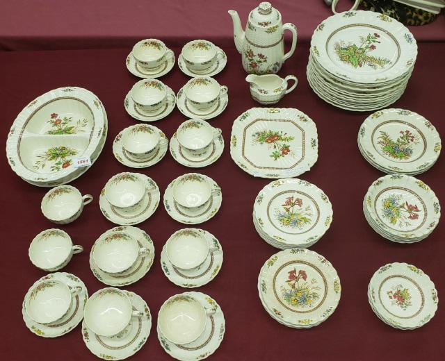 PARTIAL SET OF COPELAND SPODE DINNERWARE: Rosalie pattern, 14 dinner plates, 4 dessert plates, 4 fruit bowls, 5 dessert bowls, 16 bread plates, cookie plate, 15 cups, 13 saucers, teapot, creamer, divided serving bowl, and oval platter.