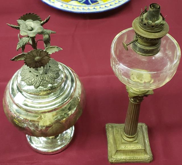 2 PIECES: French oil lamp and mercury glass jar.