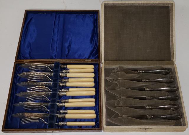 2 GROUPS OF FLATWARE: Fish set with bone handles and fitted box, and knife set in fitted box.