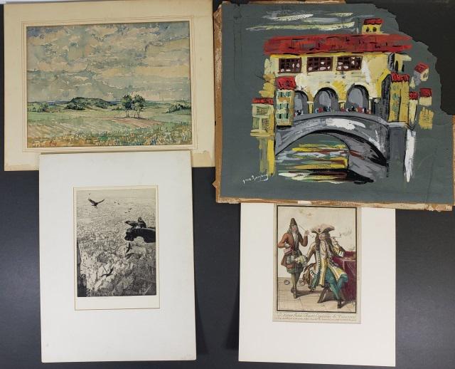 *4 UNFRAMED WORKS: Gouache depicting Italian canal scene by Grace Spongberg, watercolor of landscape by unknown artist, initialed MD and dated '38 lower left, an antique French book plate of interior scene with figures,