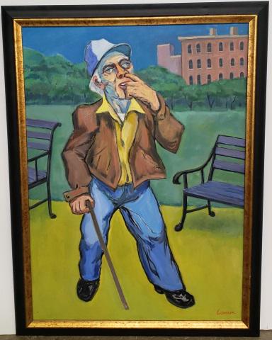 *WILL LAMM ORIGINAL OIL PAINTING: Will Lamm (1917-2006 American), "Old Man Picking His Nose", framed oil on canvas, signed lower right, titled on verso, approximately 36" x 26", with frame 40" x 30".