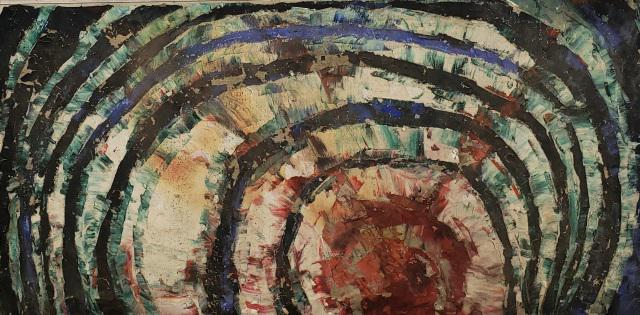 *ARNOLD ARBEIT ORIGINAL OIL PAINTING: Arnold Arbeit (1911-1974 American), abstract, framed oil on canvas, having artist name and indistinct title on plaque on side of frame, approximately 20" x 40".