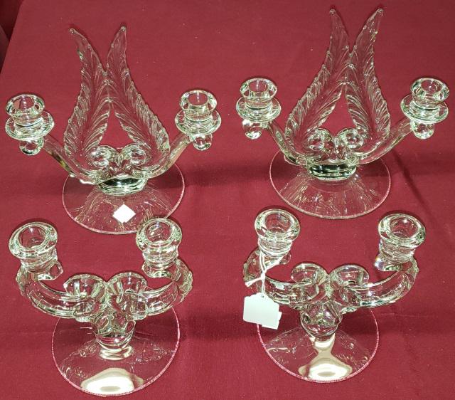 2 PAIR OF FOSTORIA PLUME CANDELABRA: 2 PAIR OF FOSTORIA PLUME CANDELABRA
