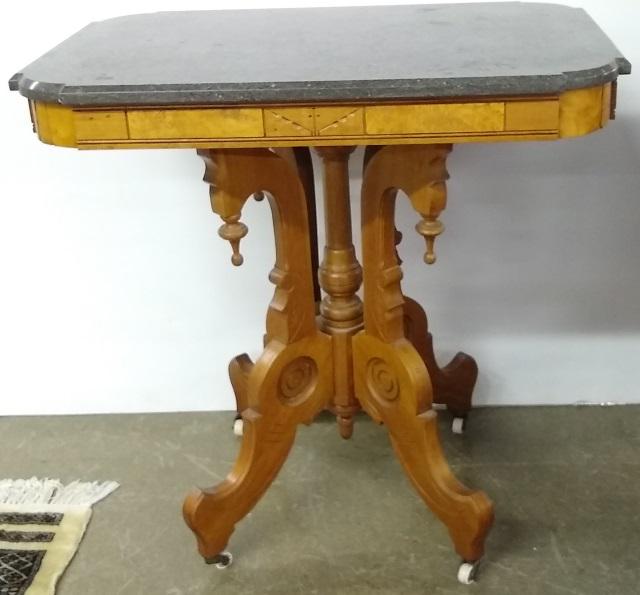 *VICTORIAN PARLOR TABLE: Having marble top, raised on quadruped base, approximate height 30", width 31", depth 21".