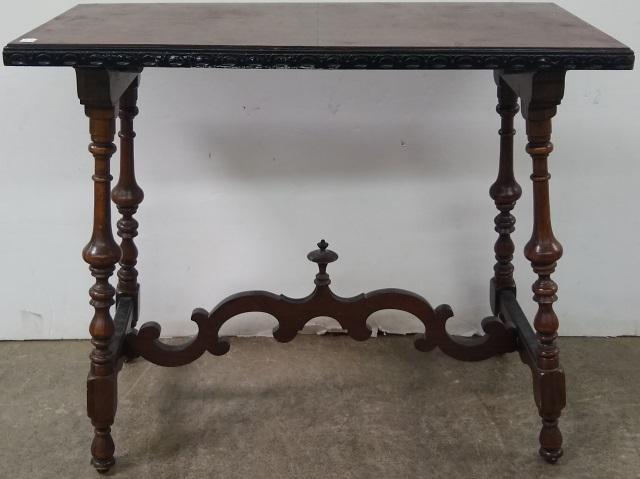 MAHOGANY CONSOLE TABLE: Having trestle base.