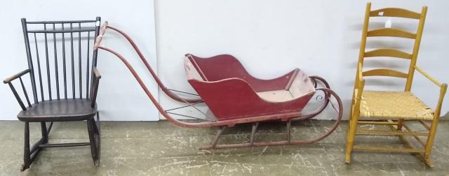 *3 PIECES: Primitive sleigh, country style rocker with leg back and woven seat, and country style youth rocker having spindle back.