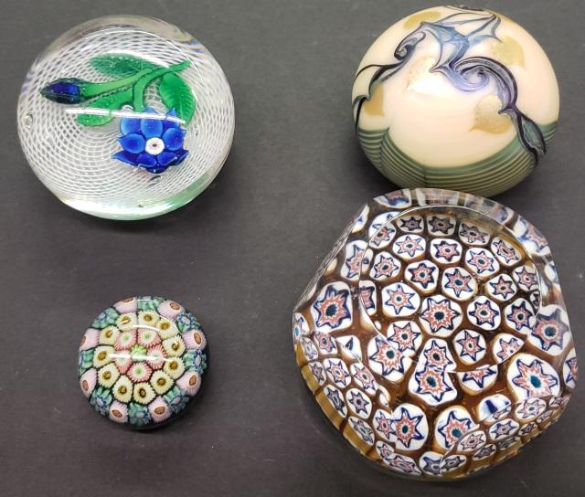*4 PAPERWEIGHTS: Orient & Flume #377, dated 1975, Italian with millefiori interior, unsigned with floral interior, and miniature with millefiori interior.