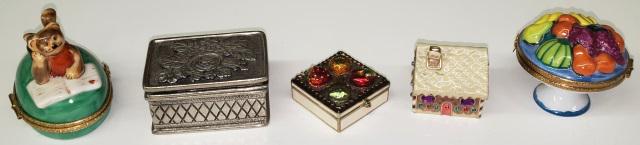 5 PIN BOXES: Cottage by Monet, box of fruit by Monet, food bowl by Limoges, teddy bear reading by Limoges, and box with pewter floral decoration.