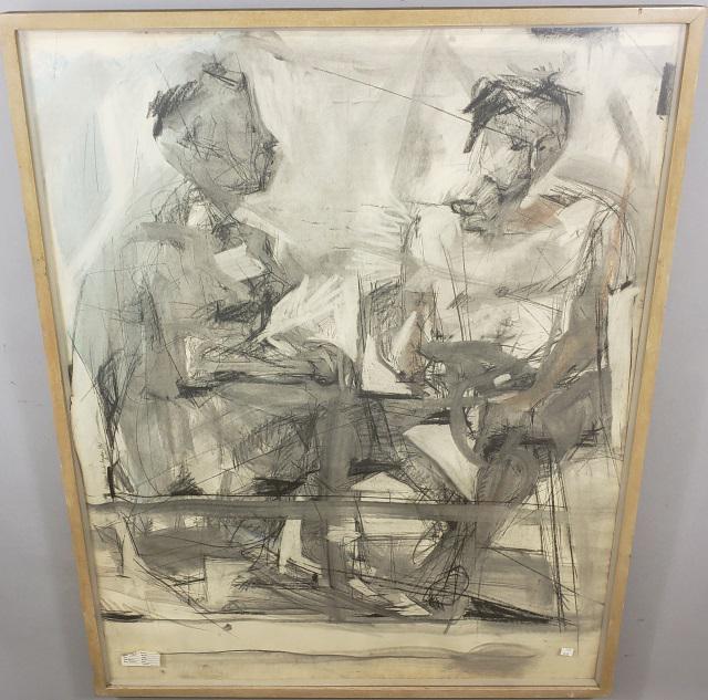*MARTHA NESSLER HAYDEN: (Born 1936 American), 2 seated figures, framed mixed media on paper, signed middle left, dated 1961, approximate frame size 46 1/2" x 36 1/2".