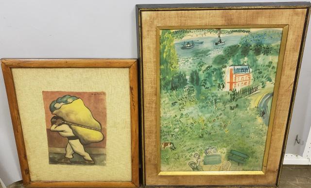 *2 FRAMED PRINTS: Diego Rivera, Man carrying large sack, frame 25 3/4" x 22 1/4", Raoul Dufy, landscape, frame 34 1/2" x 26 3/4".