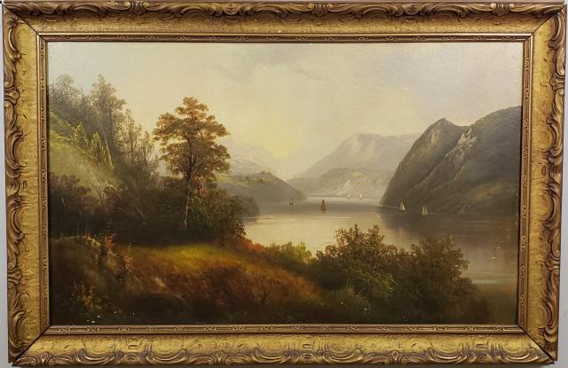 *UNKNOWN ARTIST OIL PAINTING: Unknown Artist, landscape with lake and sailboats (Hudson River School), framed oil on canvas, approximately 22 1/8" x 36 3/8", with frame 27 1/2" x 41 1/2".