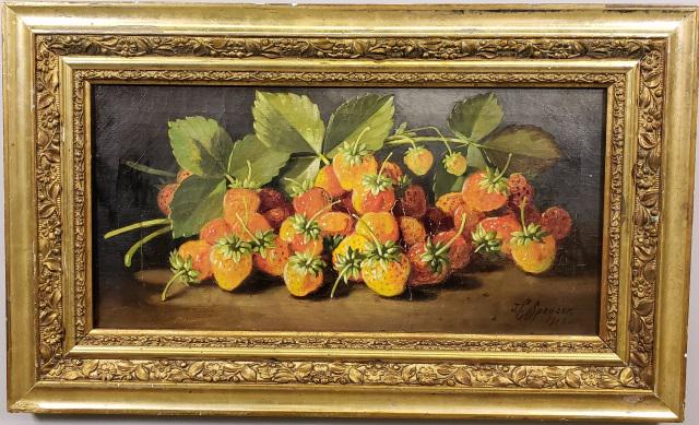 *J.C. SPENCER ORIGINAL OIL PAINTING: J.C. Spencer (1861-1919 American), still life with strawberries, framed oil on canvas, signed lower right, approximately 9" x 18", with frame 14" x 23".