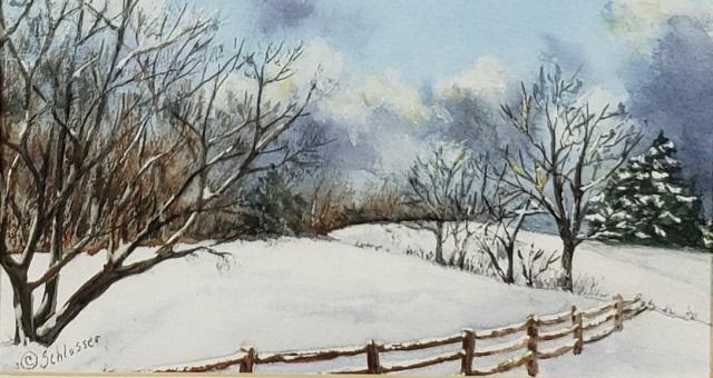 *C. SCHLOSSER ORIGINAL WATERCOLOR PAINTING: C. Schlosser, "After the Storm", framed watercolor, signed lower left, approximately 4 5/8" x 8 1/2", with frame 12 3/4" x 16 3/4".