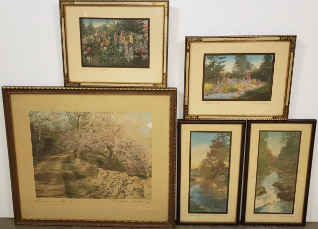 5 WALLACE NUTTING COLORED PHOTOGRAPHS: Wallace Nutting (1861-1941 American), 5 framed hand-tinted photographs including "Honeymoon Stroll", "From the Mountain", "A Watering Place", "A Garden Corner", and "Queen Anne Hollyhocks", all hand-s