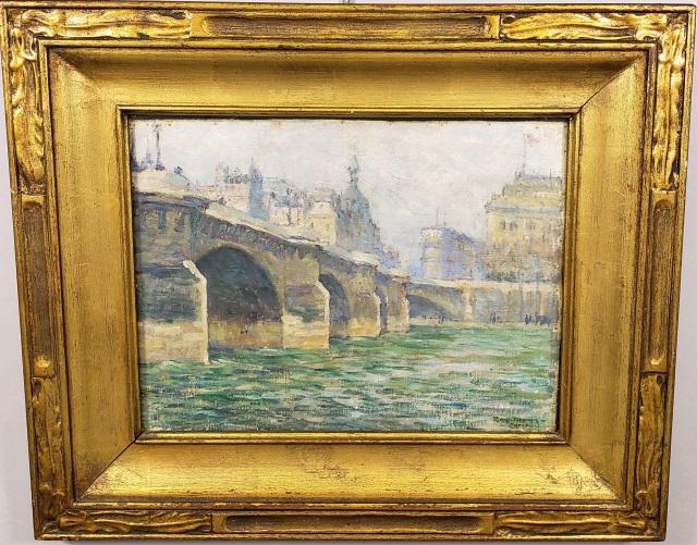 *ROY HENRY BROWN ORIGINAL OIL PAINTING: Roy Henry Brown (1879-1956 American), "Bridge on the River Seine", framed oil on canvas, signed lower right "Roy Brown Paris", approximately 10 1/4" x 13 1/2", with frame 17" x 20".