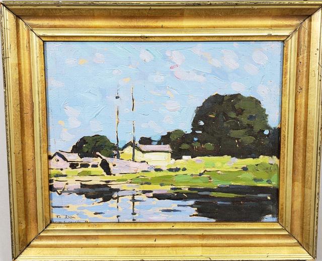*ROY HENRY BROWN ORIGINAL OIL PAINTING: Roy Henry Brown (1879-1956 American), dock scene with sailboat, framed oil on canvas, signed lower left "To Don, from Cousin Roy", approximately 8" x 10", with frame 10 5/8" x 12 5/8".