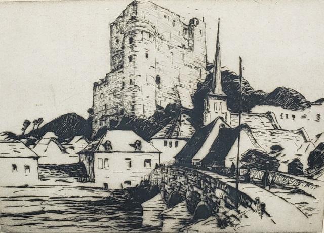 *ROY HENRY BROWN ORIGINAL ETCHING: Roy Henry Brown (1879-1956 American), bridge to village, framed etching, signed lower right "To Adele, from Roy Brown", approximately 6" x 7 7/8", with frame 13 3/4" x 15 1/4".