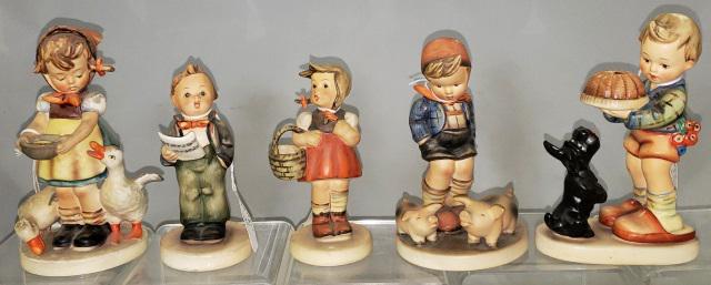 5 HUMMEL FIGURINES: "Soloist Boy" 135, "Be Patient" 197/1, "Begging His Share" 9, "Farm Boy" 66, and "Little Chopper" 96.