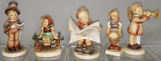 5 HUMMEL FIGURINES: "Just Resting" 112 3/0, "Street Singer" 131, "Little Gabriel" 32/0, "Little Helper" 73, and "Latest News" 184.