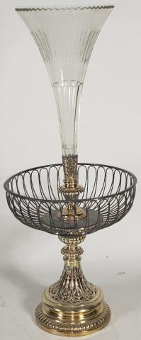 *SILVERPLATE AND GLASS EPERGNE: Silverplate base raising to wired bowl with horn form glass vase, marked on bottom "Berndorf Alpacca Silber", approximate height 22 3/4".