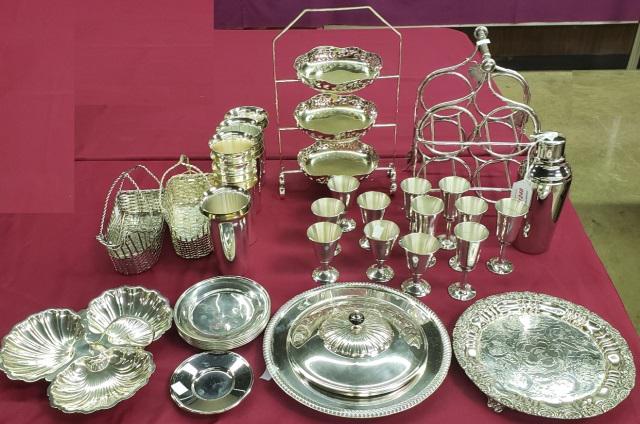 *GROUP OF SILVERPLATE: 6 cordials, bread plates, shell form bonbon, covered dish, wine rack, wine server, cocktail shaker, etc.